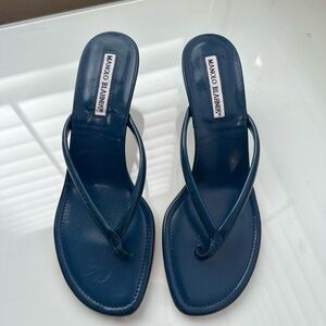 Manolo Blahnik Navy Blue Kitten Heel Sandal